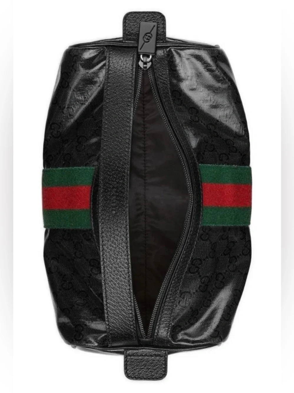 NEW GUCCI BLACK GG CRYSTAL CANVAS LEATHER WEB LOGO TOILETRY CASE HAND BAG UNISEX